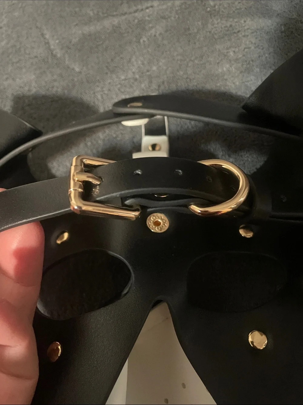 Black & White Leather Dog Mask Harness Muzzle with Gold Studs NWOT